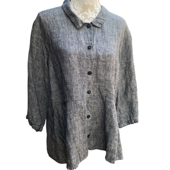 Flax Size Large L Dark Gray Button Down Linen Shirt Peplum Lagenlook Coastal - Picture 1 of 16
